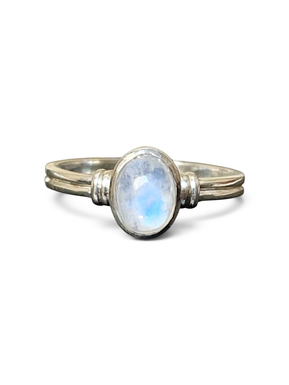 Natural Moonstone 925 Sterling Silver Oval Ring US: 7 - Rainbow Blue Glow
